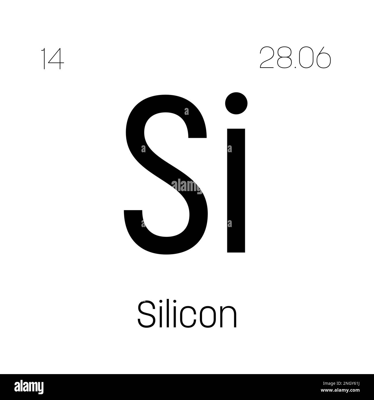 Silicio, si, elemento periodico della tabella con nome, simbolo, numero atomico e peso. Non metallico con vari usi industriali, come nell'elettronica, nella costruzione e come componente in certi tipi di vetro. Illustrazione Vettoriale