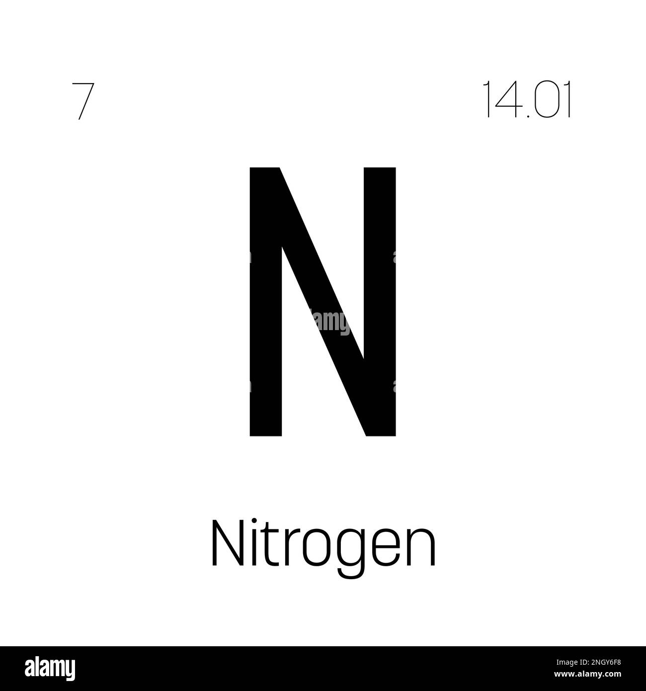 Azoto, N, elemento tavola periodica con nome, simbolo, numero atomico e peso. Non-metallo con vari usi industriali, come in fertilizzante, imballaggio di cibo, e come gas di riempimento in certi tipi di isolamento. Illustrazione Vettoriale