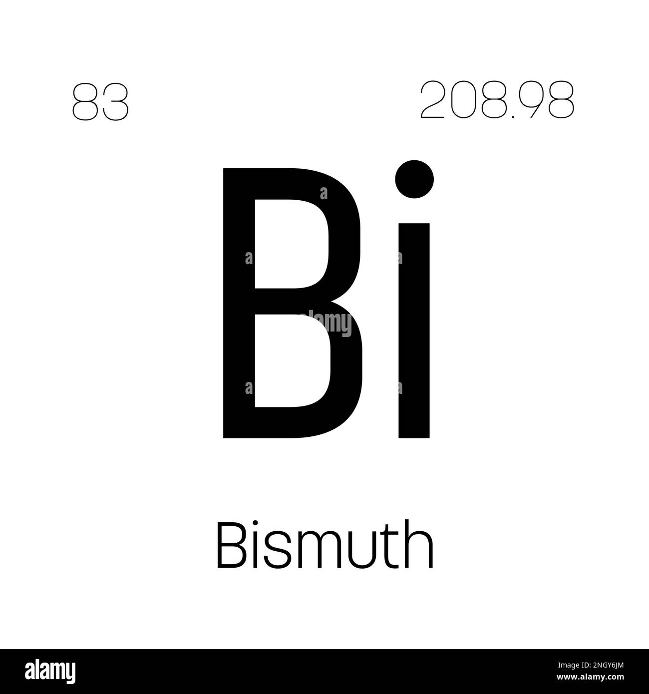 Bismuto, Bi, elemento tavola periodico con nome, simbolo, numero atomico e peso. Metallo pesante con vari usi industriali, come in cosmetici, leghe, e come sostituto del piombo in certe applicazioni. Illustrazione Vettoriale