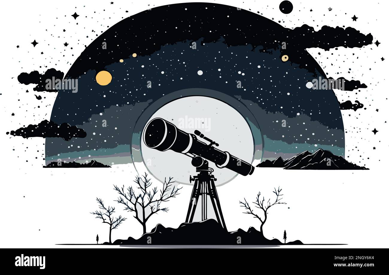 cannocchiale per osservare il cielo scuro stellato della notte Illustrazione Vettoriale