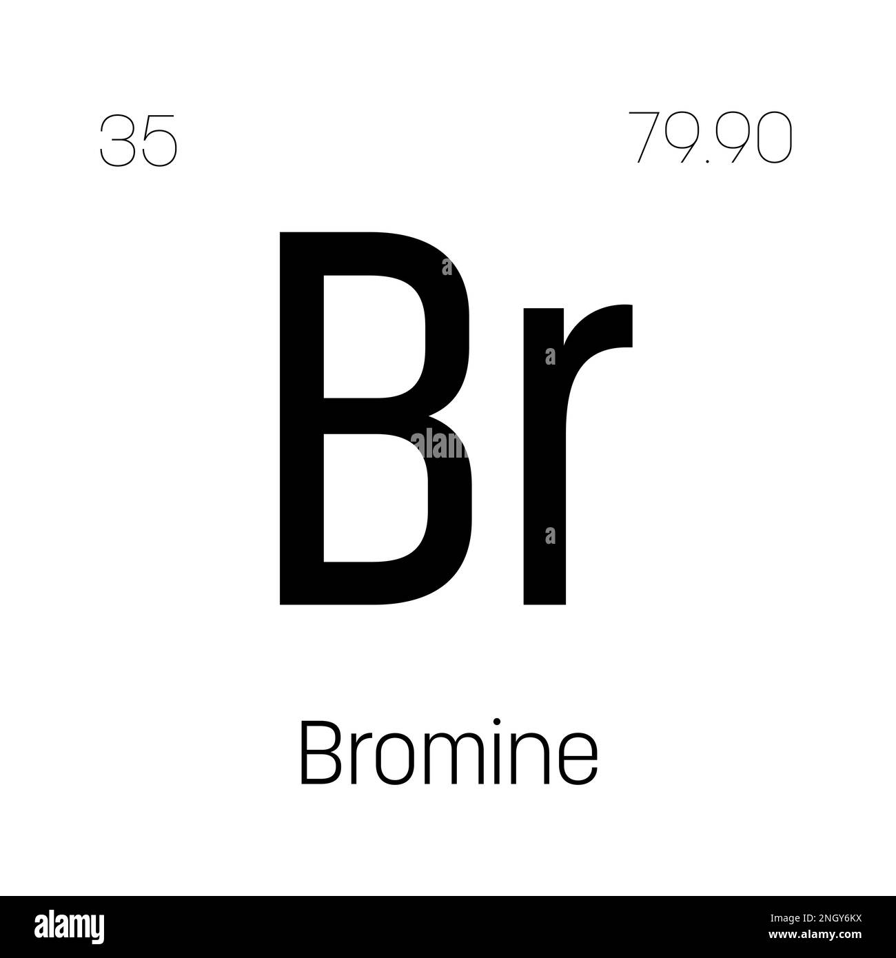 Bromo, Br, elemento periodico della tabella con nome, simbolo, numero atomico e peso. Alogeno con vari usi industriali, come ritardanti di fiamma, purificazione dell'acqua, e come fumigante in agricoltura. Illustrazione Vettoriale