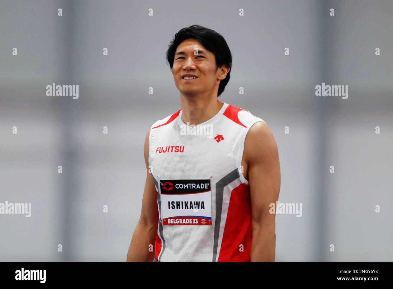 Belgrado, Serbia, 15 febbraio 2023. Shuhei Ishikawa, giapponese, reagisce dopo la gara degli Hurdles degli uomini del 60m durante il Belgrade Athletics Indoor Meeting 2023 presso la Banjica Athletic Hall di Belgrado, Serbia. Febbraio 15, 2023. Credito: Nikola Krstic/Alamy Foto Stock