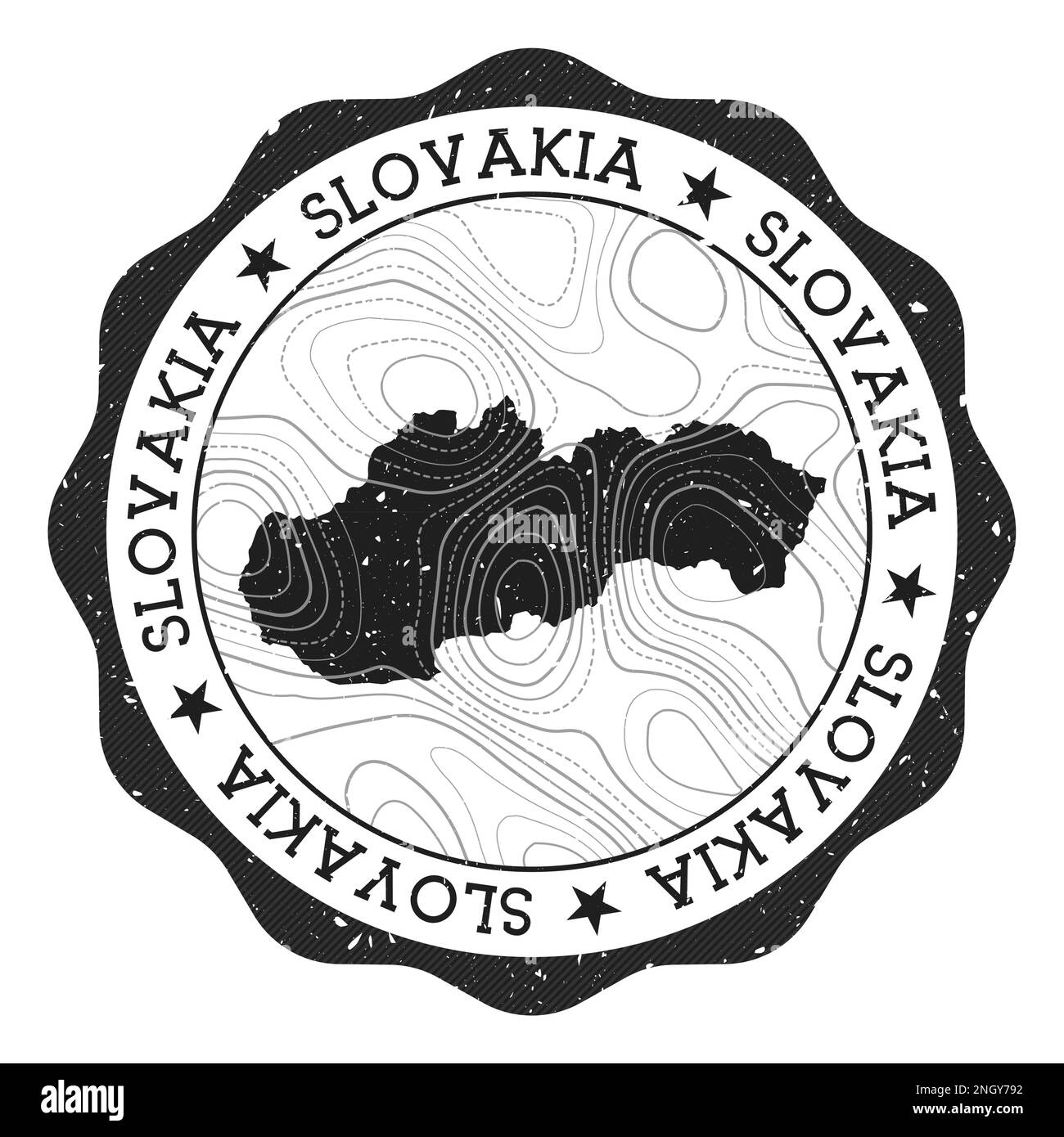 Francobollo per esterni in Slovacchia. Adesivo rotondo con mappa del paese con isoline topografiche. Illustrazione vettoriale. Illustrazione Vettoriale