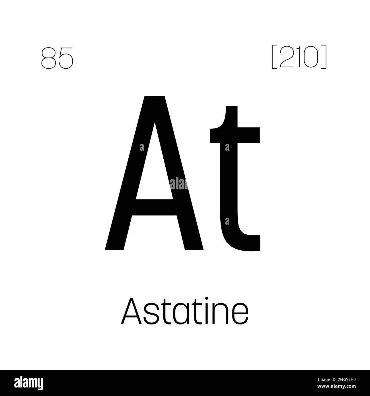 Astatina, AT, elemento tavola periodico con nome, simbolo, numero atomico e peso. Alogeno radioattivo con potenziali impieghi nel trattamento del cancro e come fonte di particelle alfa per la ricerca scientifica. Illustrazione Vettoriale