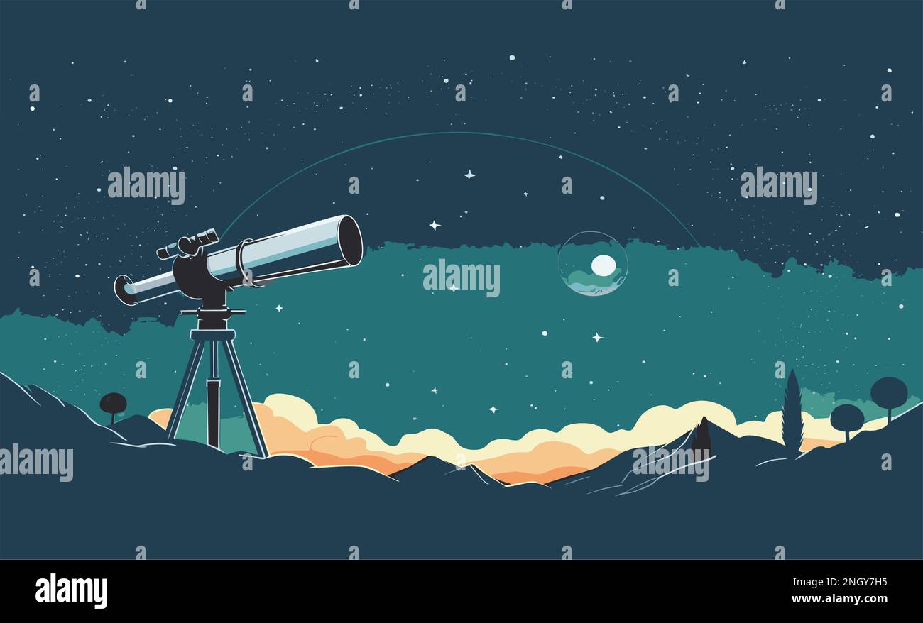 cannocchiale per osservare il cielo scuro stellato della notte Illustrazione Vettoriale