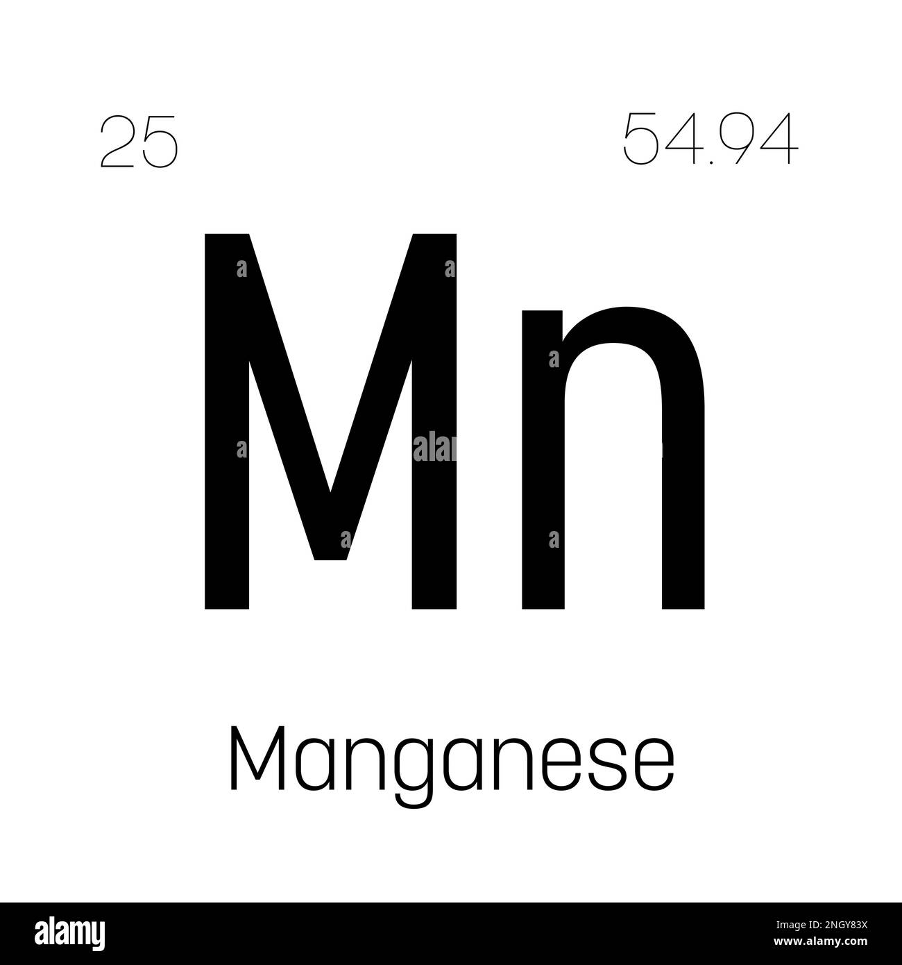 Manganese, Mn, elemento periodico della tabella con nome, simbolo, numero atomico e peso. Metallo di transizione con vari usi industriali, come nella produzione di acciaio, batterie, e come catalizzatore in determinate reazioni chimiche. Illustrazione Vettoriale