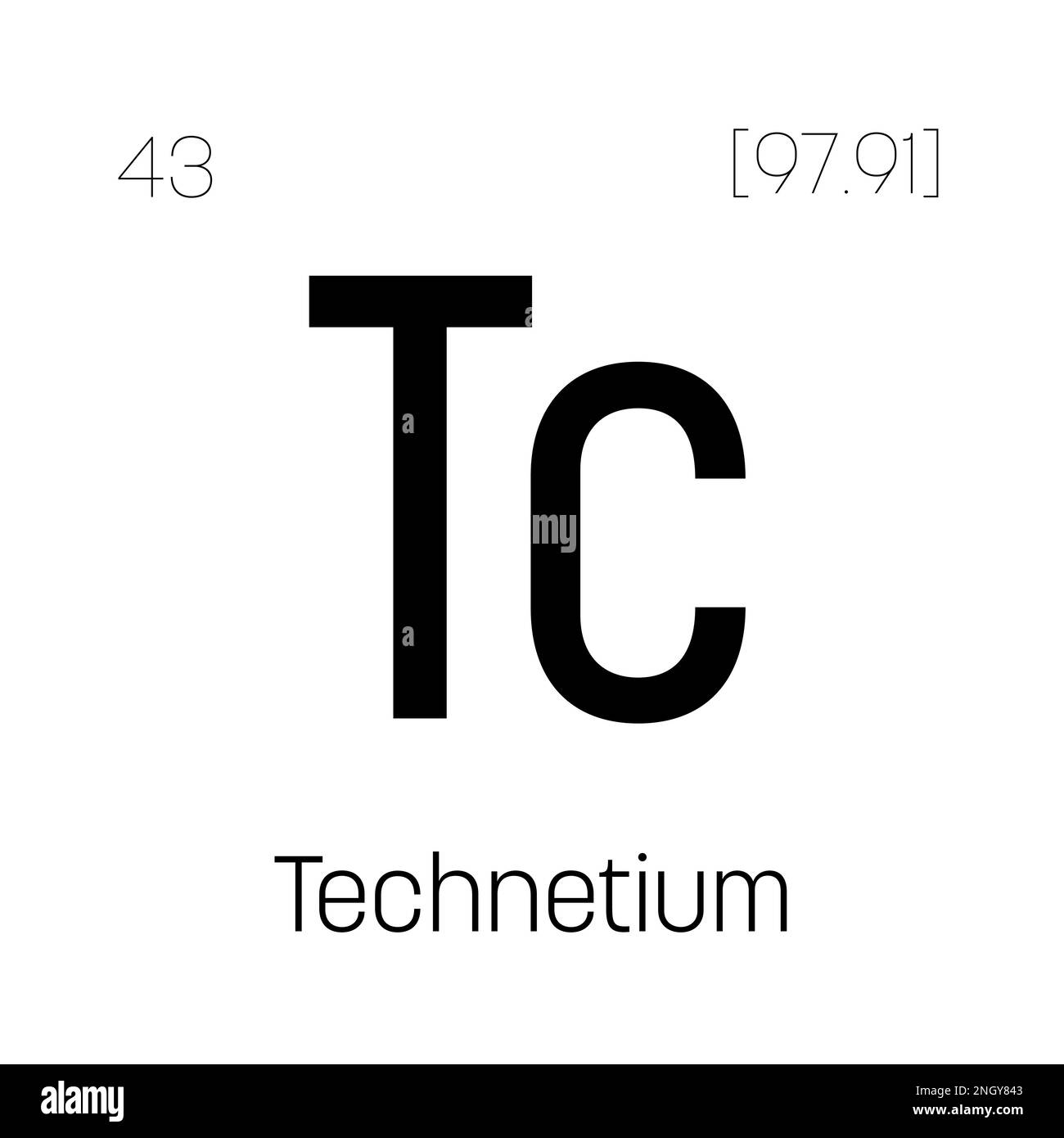 Tecnezio, Tc, elemento periodico della tabella con nome, simbolo, numero atomico e peso. Elemento radioattivo sintetico con potenziali impieghi nella ricerca scientifica e nell'energia nucleare. Illustrazione Vettoriale