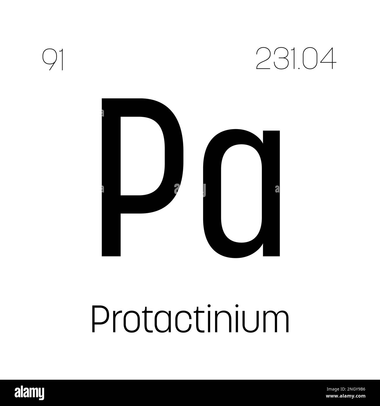 Protactinio, Pa, elemento periodico della tabella con nome, simbolo, numero atomico e peso. Elemento radioattivo sintetico con potenziali impieghi nella ricerca scientifica e nell'energia nucleare. Illustrazione Vettoriale