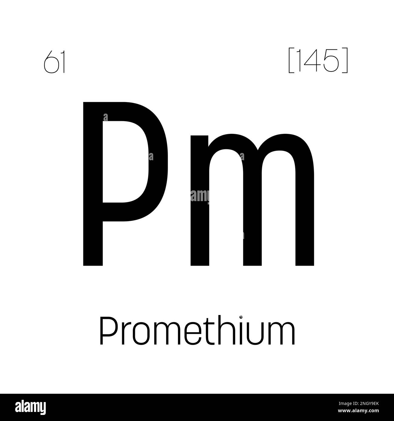 Prometium, PM, elemento periodico della tabella con nome, simbolo, numero atomico e peso. Elemento radioattivo sintetico con potenziali impieghi nella ricerca scientifica e nell'energia nucleare. Illustrazione Vettoriale