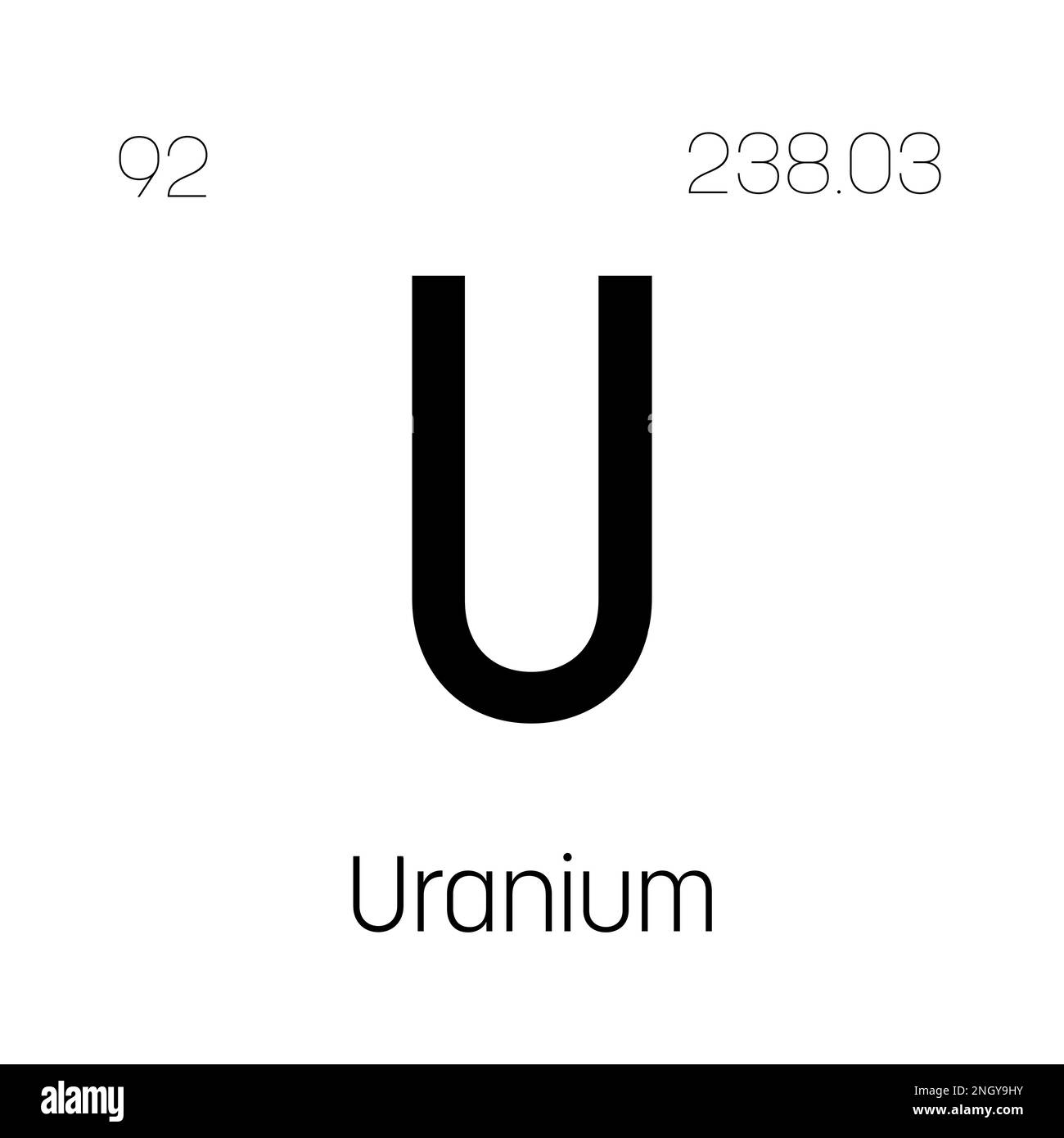 Uranio, U, elemento periodico della tabella con nome, simbolo, numero atomico e peso. Attinide con potenziali impieghi nell'energia nucleare e nella ricerca scientifica. Illustrazione Vettoriale