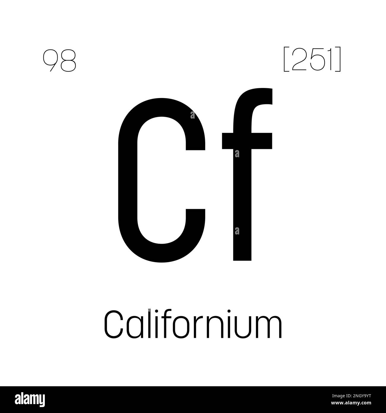 Californium, cf, elemento periodico della tabella con nome, simbolo, numero atomico e peso. Elemento radioattivo sintetico con potenziali impieghi nella ricerca scientifica e nell'energia nucleare. Illustrazione Vettoriale