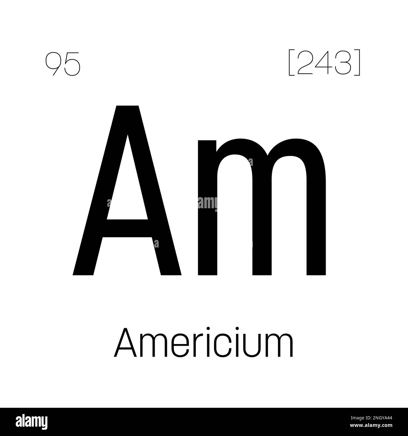 Americium, am, elemento tavola periodico con nome, simbolo, numero atomico e peso. Elemento radioattivo sintetico utilizzato nei rilevatori di fumo, come fonte di neutroni per la ricerca scientifica e per il trattamento del potenziale cancro. Illustrazione Vettoriale