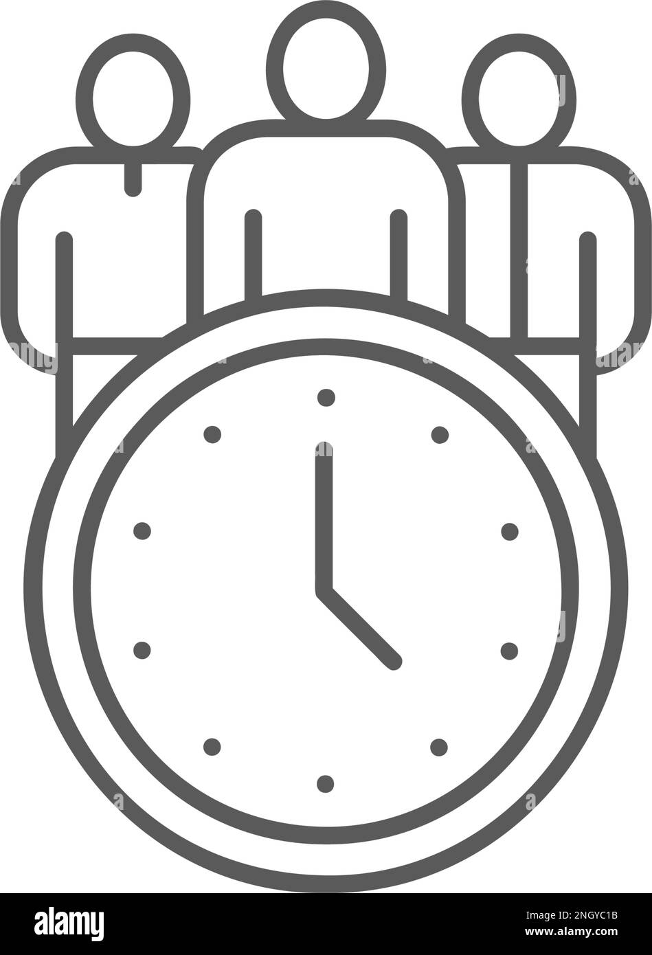 Orologio con le persone, orario d'incontro, orario con l'icona della squadra lineare. Progettazione del simbolo di gestione del tempo. Illustrazione Vettoriale