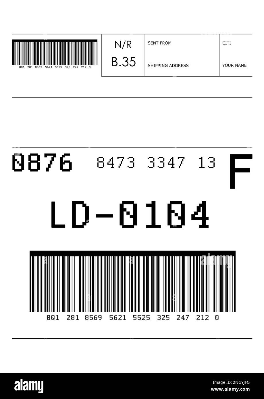 Etichetta con dati e codice a barre, illustrazione. Consegna pacchi Foto Stock