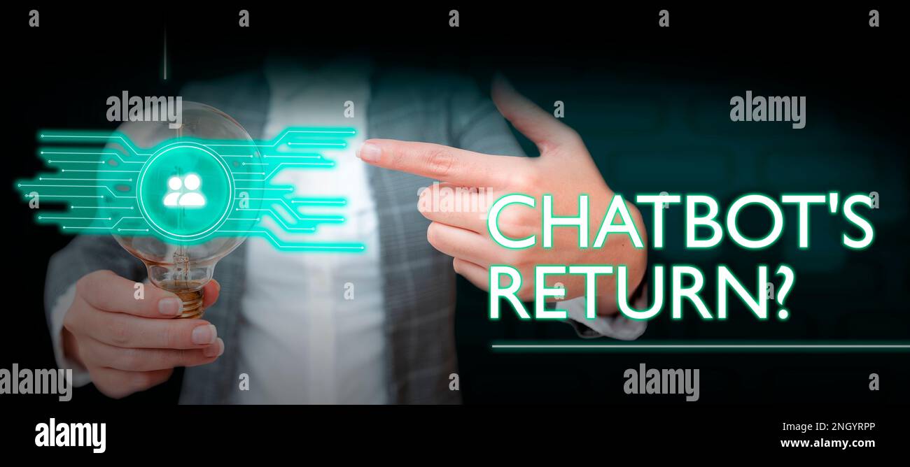 Didascalia di testo che presenta il ritorno di chatbot. Internet Concept Program che comunica utilizza l'interfaccia di testo e l'intelligenza artificiale Foto Stock