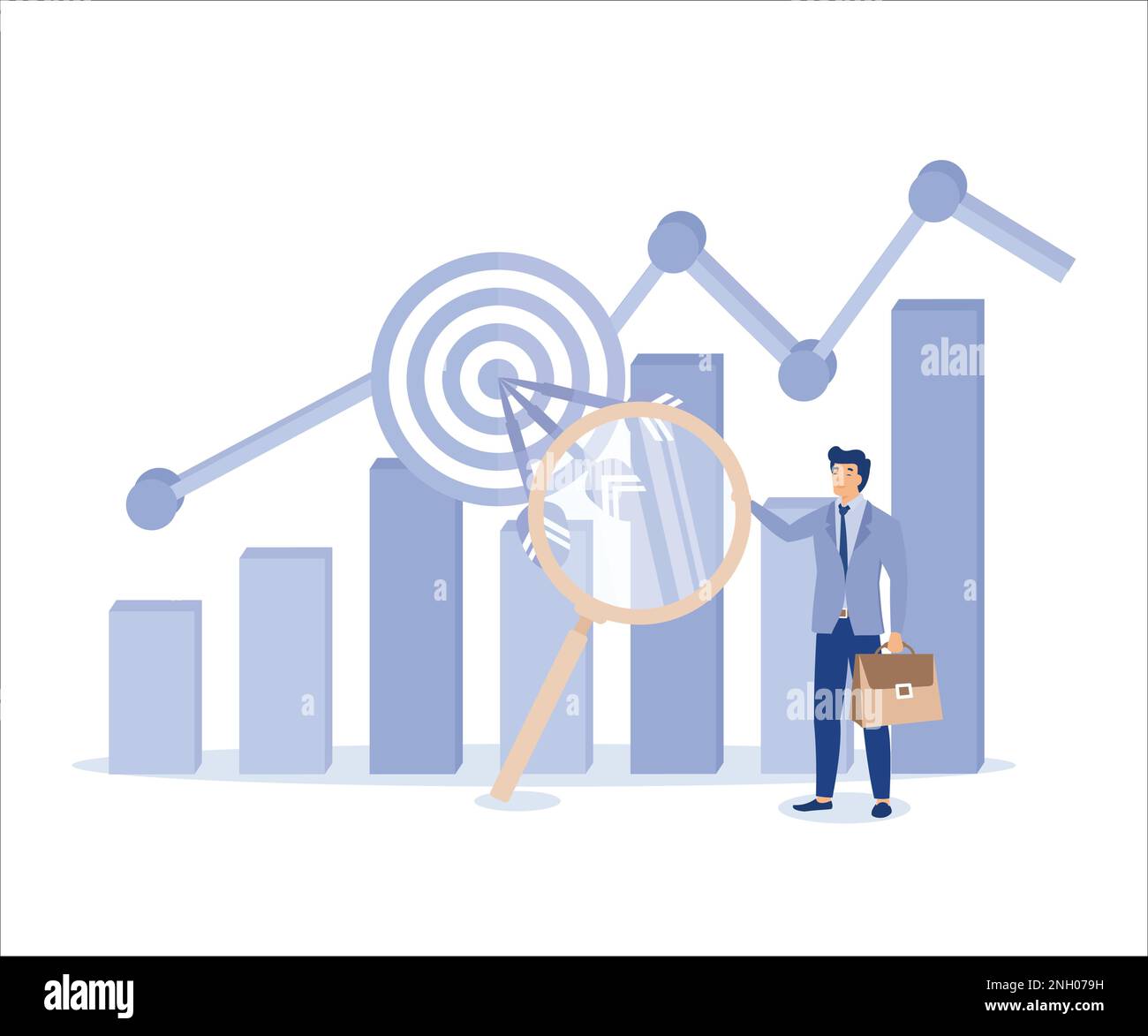 Marketing target ricerca del pubblico, target group o focalizzato concetto di cliente, business man marketing tenendo lente di ingrandimento analizzare i dati del cliente Grap Illustrazione Vettoriale