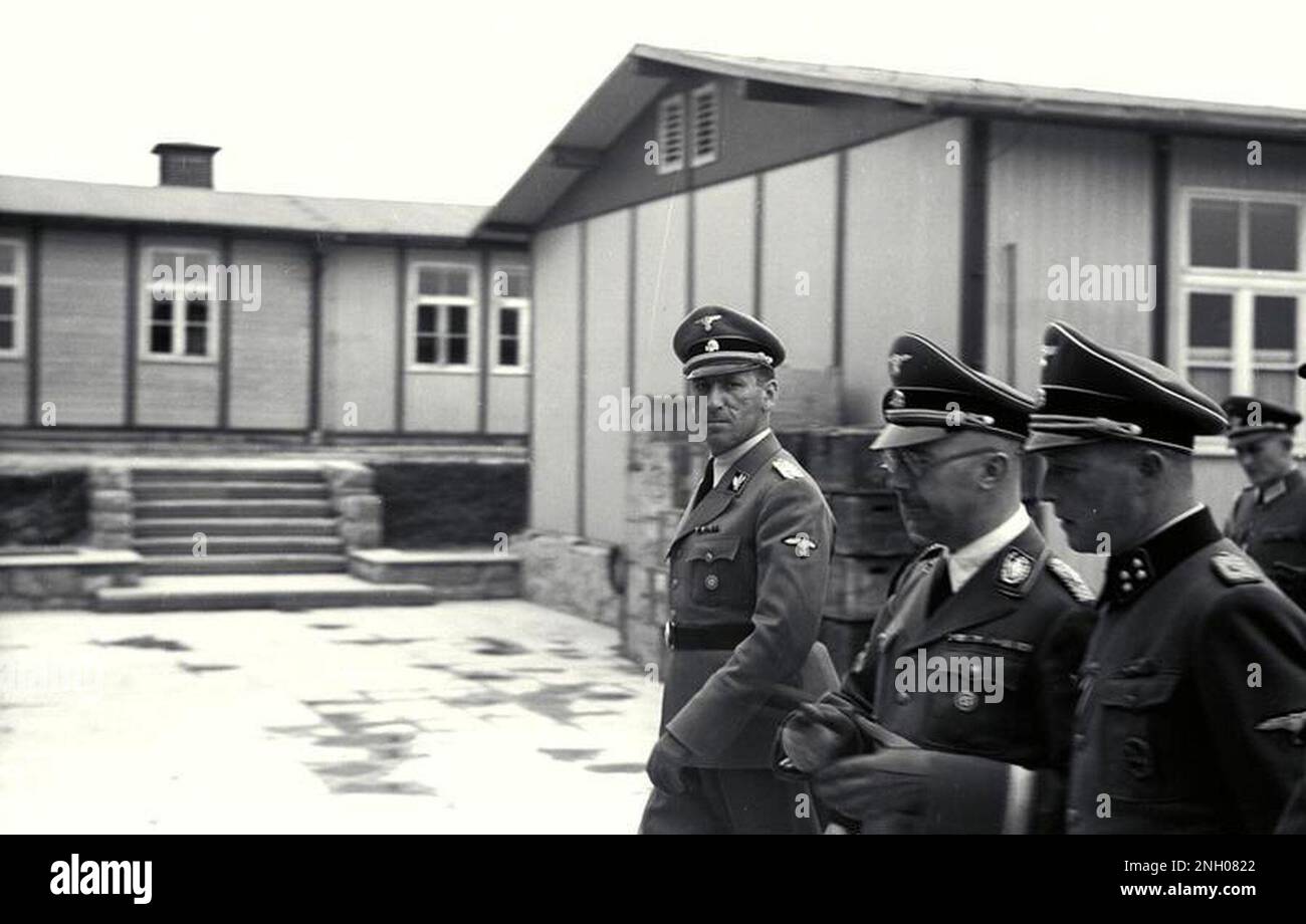 Ernst Kaltenbrunner, Heinrich Himmler e August Eigruber (in nero) ispezionano il campo di concentramento di Mauthausen nel 1941, in compagnia del comandante del campo Franz Ziereis (al centro a sinistra). Foto Bundesarchiv, Bild 192-029 / , https://commons.wikimedia.org/w/index.php?curid=5485427 Foto Stock