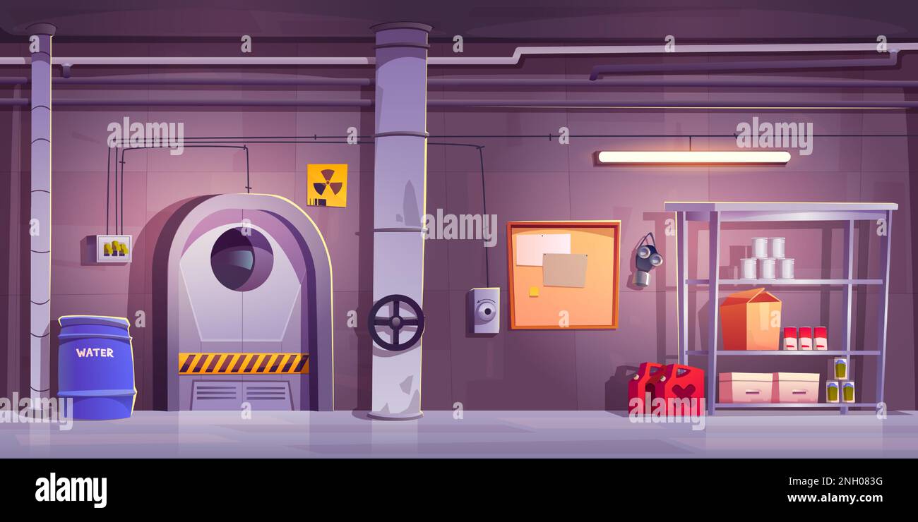 Design degli interni dei bunker sotterranei. Cartoni animati vettoriali: Illustrazione della stanza di ricovero con cartello di pericolo di radiazioni, maschera a gas sulla parete del congrete, porta metallica, scaffali con acqua, cibo in scatola e scorte di attrezzature Illustrazione Vettoriale
