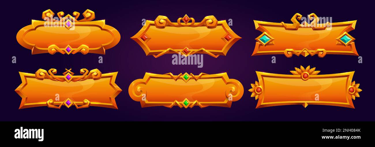 Golden medievale gioco asset pulsante isolato. Grafica grafica fantasy ui badge vettoriale cartoon. Barra del titolo rettangolare in metallo, bordo impostato con png di gemma. Etichetta reale vintage per la classifica in app. Pannello di testo orizzontale vuoto Illustrazione Vettoriale