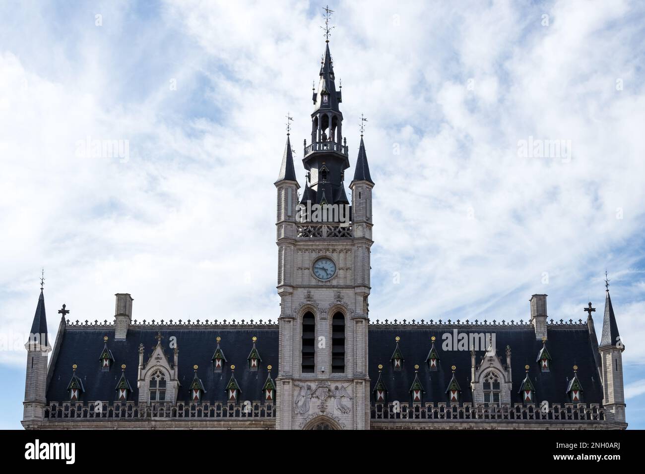 Dettaglio architettonico del municipio di Sint-Niklaas, città belga e comune situato nella provincia fiamminga delle Fiandre Orientali. Foto Stock