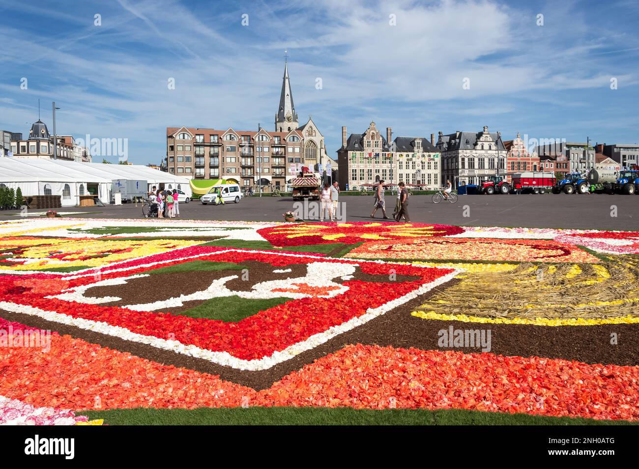 Vista di un tappeto di fiori al Grote Markt (Grande mercato) di questa città e comune belga situato nella provincia fiamminga delle Fiandre Orientali Foto Stock