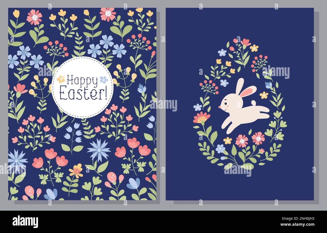 Set di biglietti di Pasqua. Grande uovo di Pasqua con coniglietto carino e motivo di fiori colorati. Illustrazione vettoriale. Due moderni poster verticali paschal in appartamento Illustrazione Vettoriale