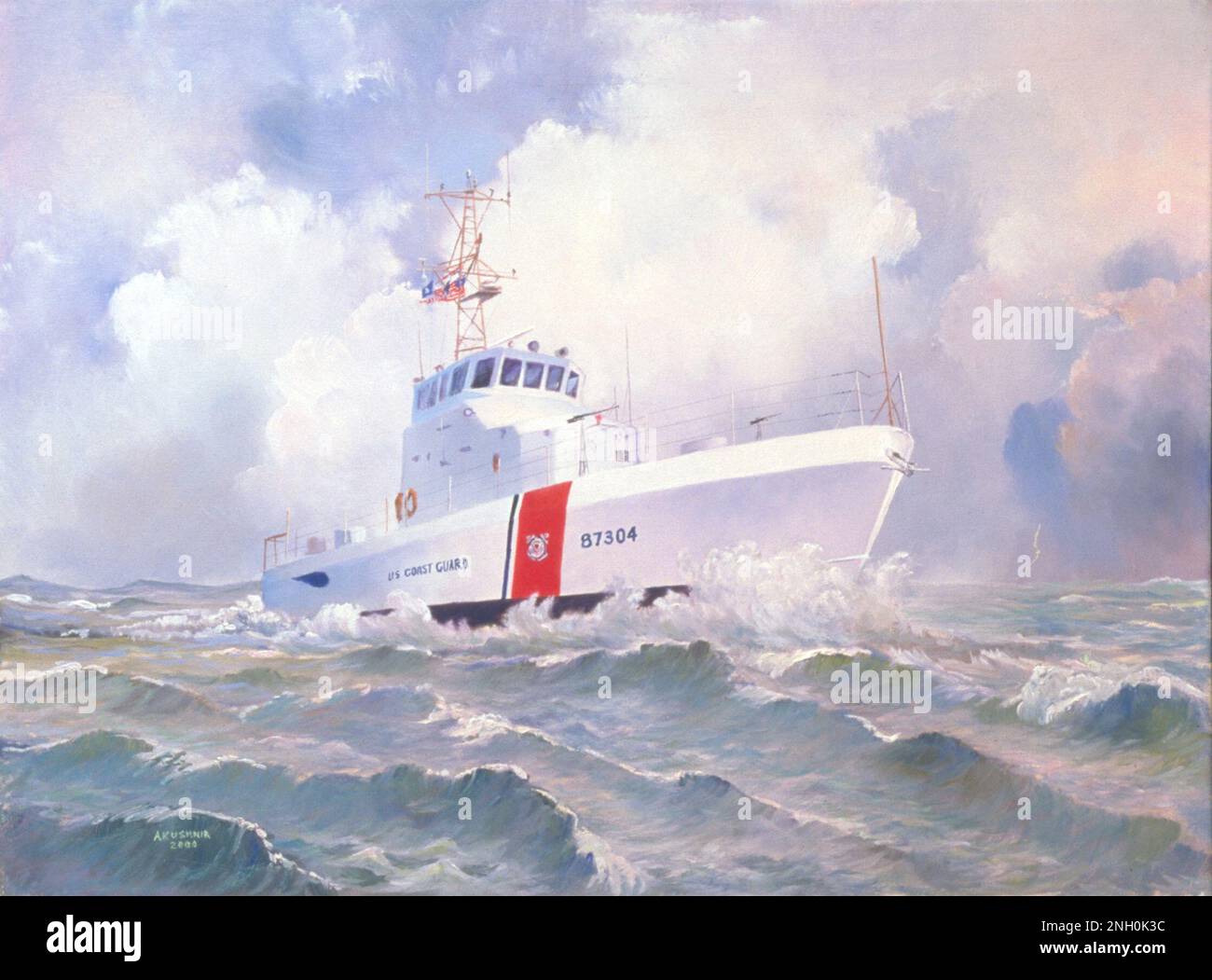 La Guardia Costiera Cutter Marlin, una casa di pattuglia di 87 metri, portata a Fort Myers Fla., conduce una pattuglia al largo della costa occidentale della Florida. La Guardia Costiera protegge più di 360 porti e 95.000 miglia di costa, il confine più grande d'America. La sicurezza della patria --specialmente l'applicazione della legge marittima ed il controllo di frontiera --è la più vecchia delle responsabilità numerose della Guardia Costiera e risale alla relativa fondazione come il servizio di taglierina di reddito in 1790. US Coast Guard Art Program 2003 Collection, OB ID # 200326, 'USCGC Marlin,' Andrei Kushnir, olio, 18 x 24 Foto Stock