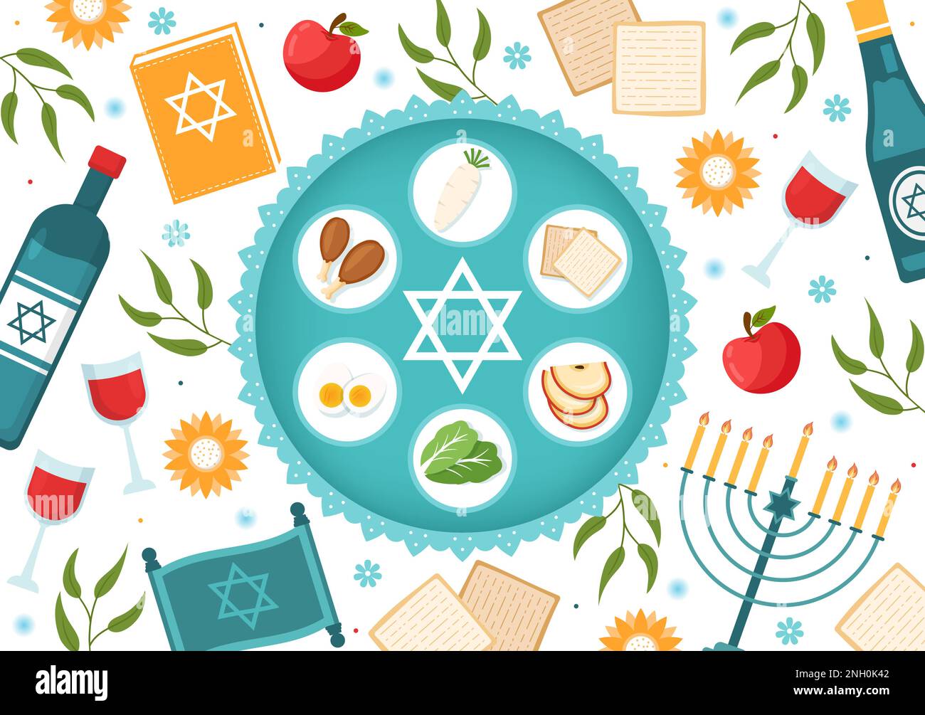 Felice illustrazione di Pasqua con vino, matzah e Pesach Ebraico per banner Web o landing page in Cartoon piano modelli disegnati a mano Illustrazione Vettoriale