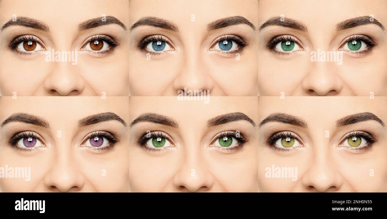 Collage con foto di donna che indossa lenti a contatto di colore diverso, primo piano. Design del banner Foto Stock
