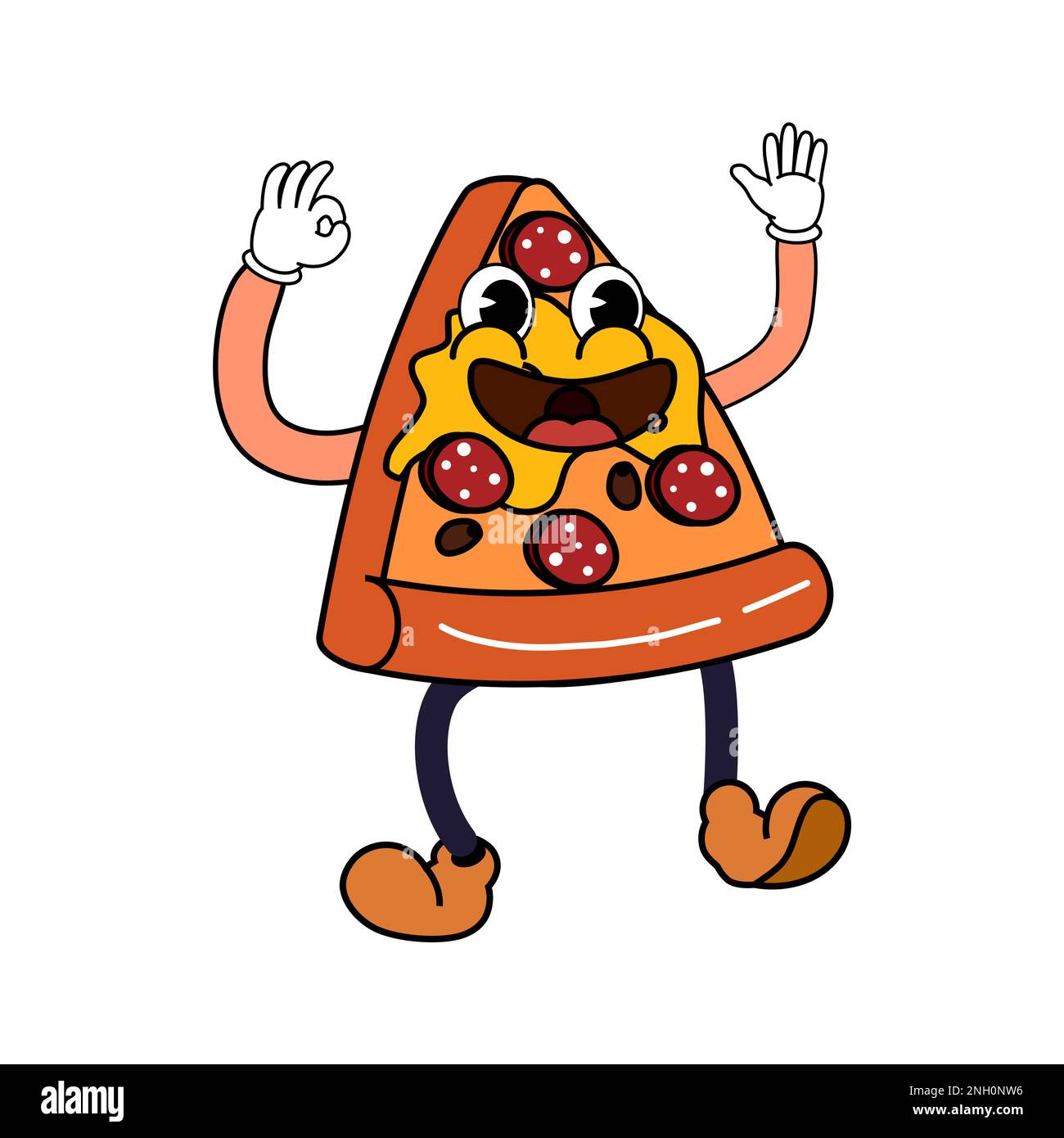 Groovy divertente pizza fetta di cartone animato personaggio, hippie vintage 70s. Doodle fumetto brillante personaggio Illustrazione Vettoriale