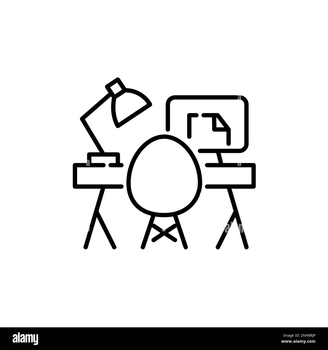 Ufficio domestico per lavoro o studio. Elegante sedia, lampada e monitor per pc. Pixel Perfect, icona del tratto modificabile Illustrazione Vettoriale