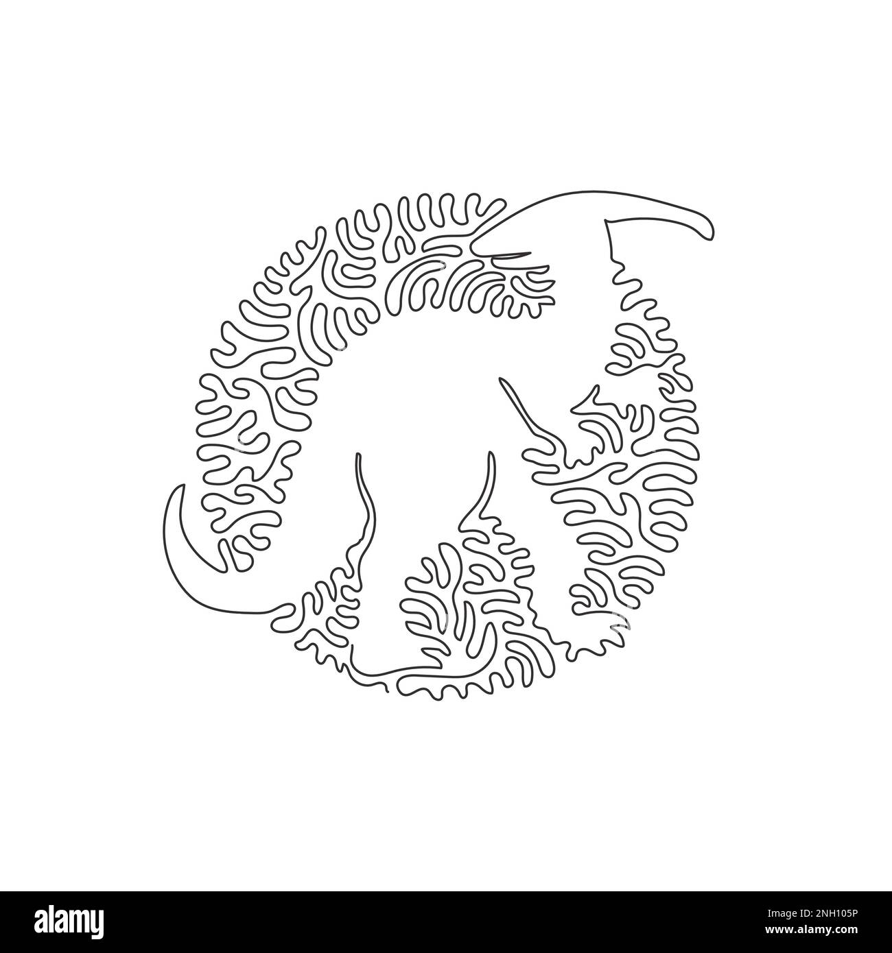 Disegno continuo di una linea curva di disegno astratto del cranio crestato dino Illustrazione del vettore di tratto modificabile a linea singola del dinosauro erbivoro Illustrazione Vettoriale