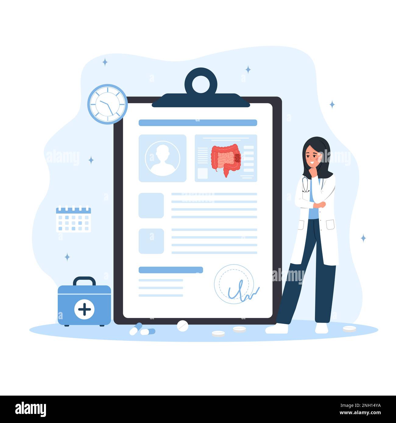 Concetto di proctologo. Medico di sesso femminile fare la diagnosi e scegliere i metodi di trattamento. Donna araba in laboratorio di analisi del cappotto intestino. Prevenzione del cancro Illustrazione Vettoriale