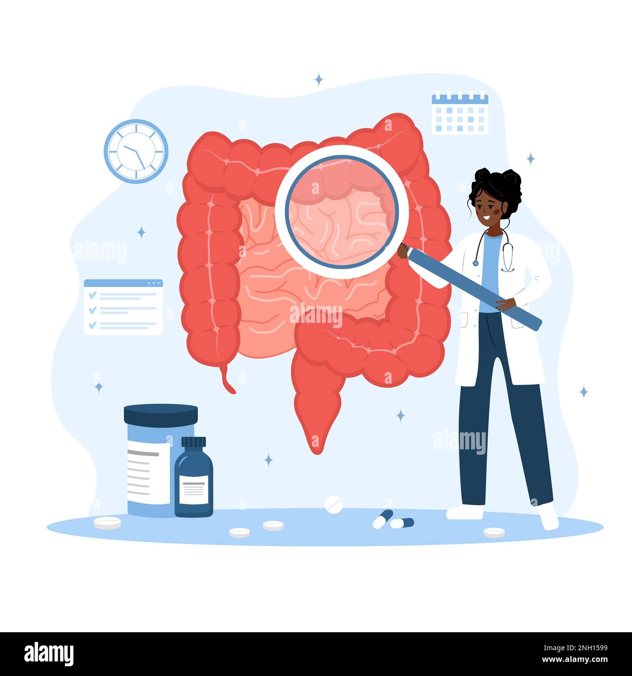Concetto di proctologo. Medico di sesso femminile con lente di ingrandimento esaminare l'intestino. Donna africana in laboratorio di analisi cappotto zona perianale. Controllo medico. Vettore Illustrazione Vettoriale