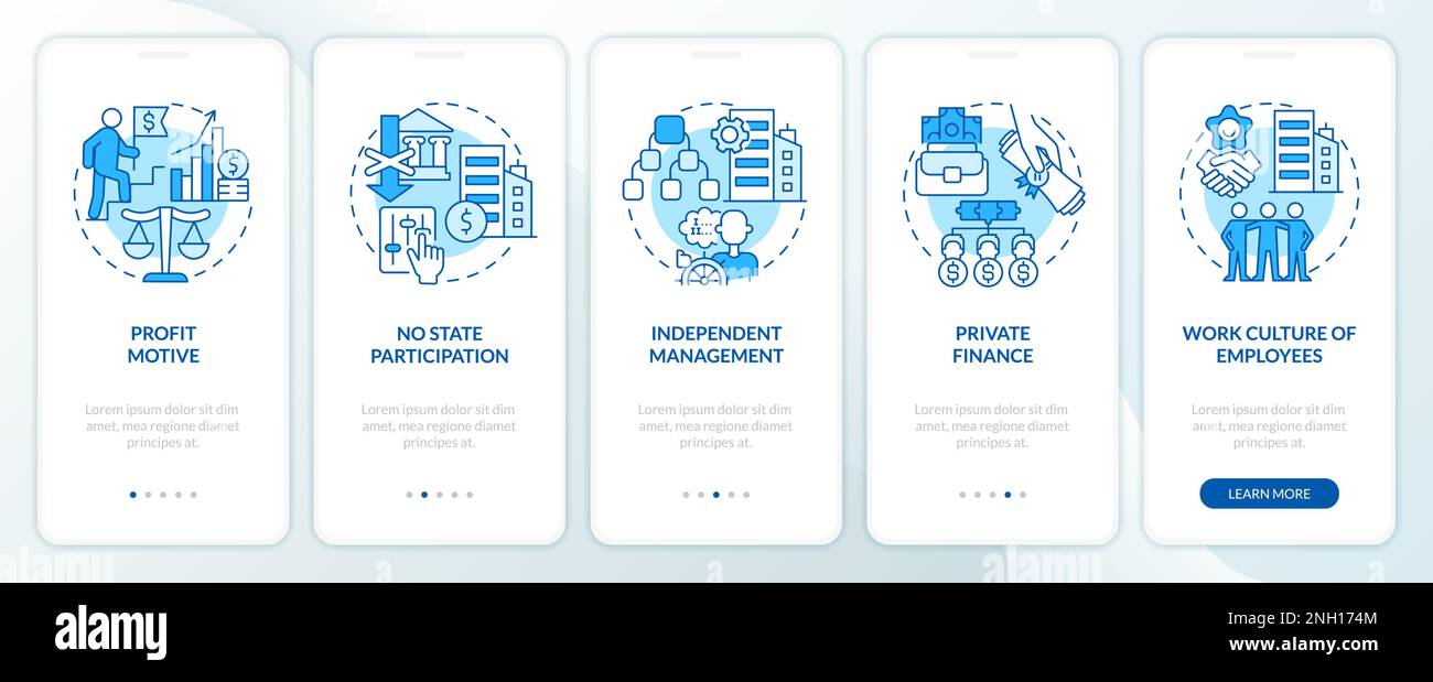 Il settore privato è dotato di schermata blu dell'app mobile di onboarding Illustrazione Vettoriale