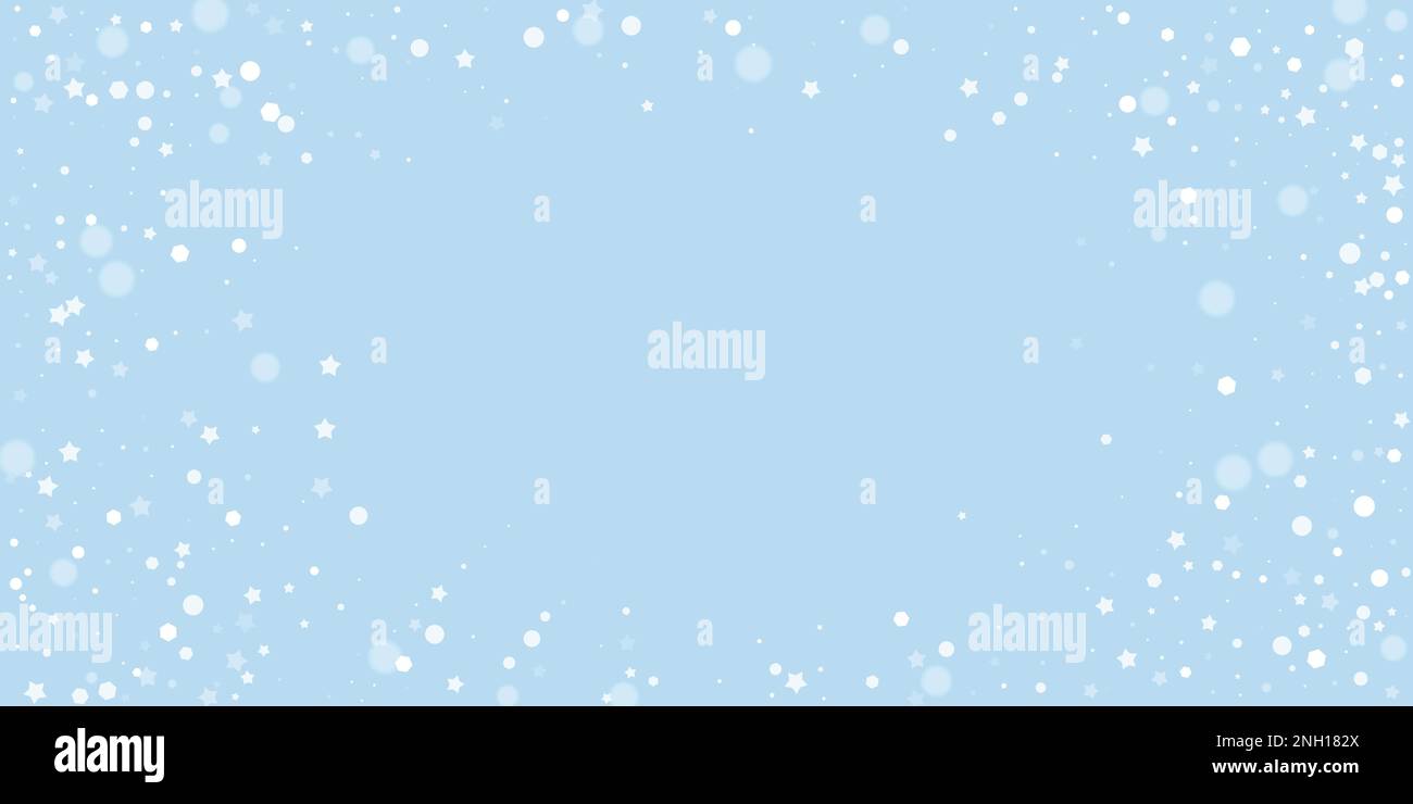 Sfondo di natale di overlay di nevicate. Sottili fiocchi di neve volanti e stelle sullo sfondo azzurro dell'inverno. Overlay sulle nevicate natalizie. Illustrazione di grandi vettori. Illustrazione Vettoriale