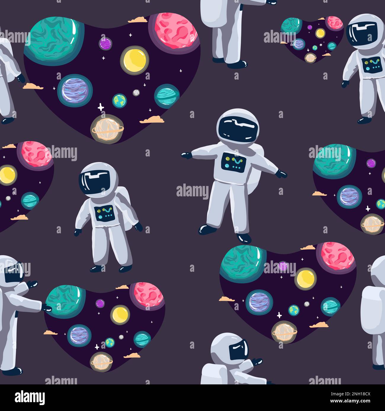 Modello senza giunture astronauta di Cartoon carino su sfondo blu spazio senza giunture modello con pianeti e stelle. Doodle Cartoon Caruto Saturno pianeta. Spazio V. Illustrazione Vettoriale