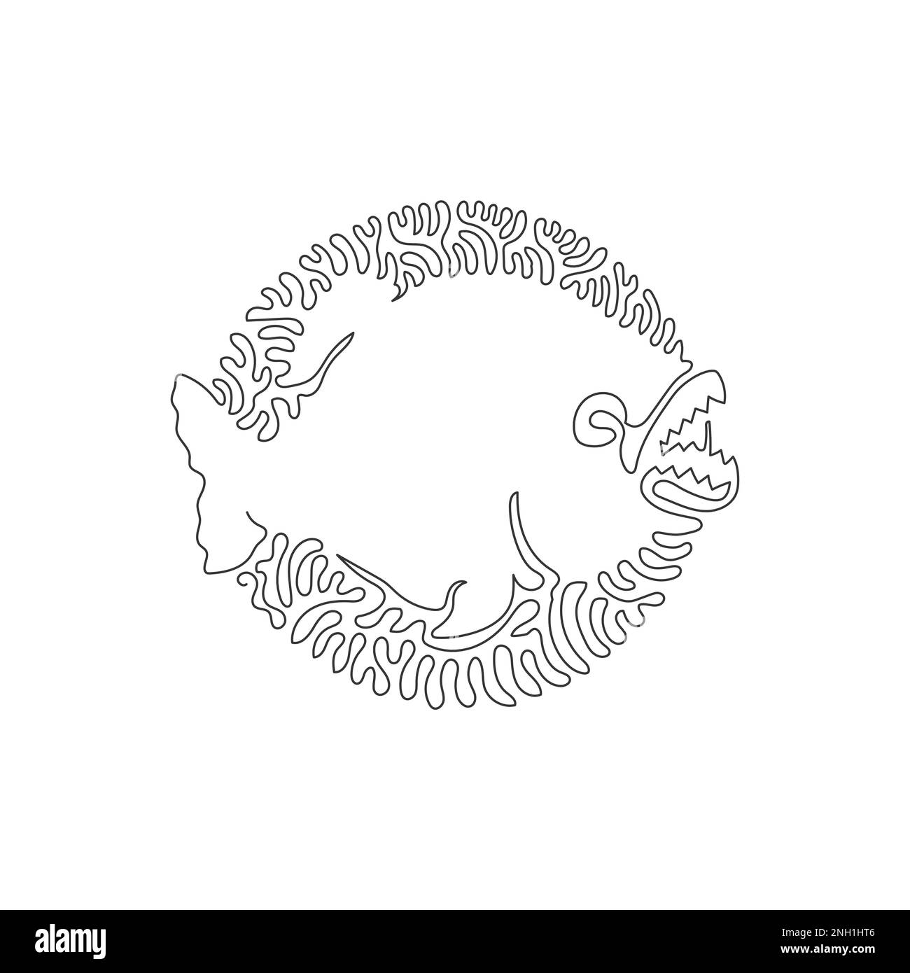 Disegno continuo di una linea curva di forte Jaws piranha astratto arte Illustrazione del vettore di ictus modificabile a linea singola di piranha predatore Illustrazione Vettoriale