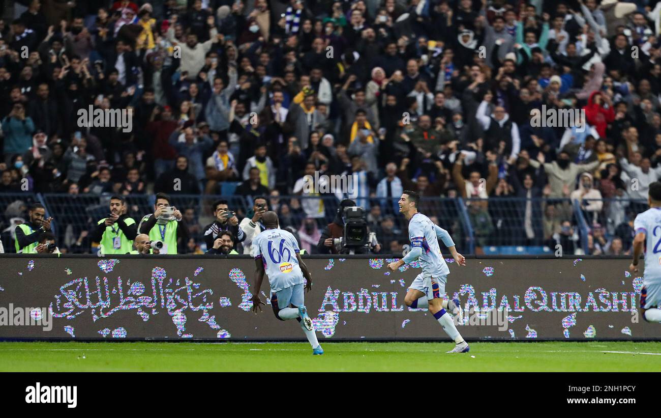 Cristiano Ronaldo festeggia dopo aver segnato il suo primo gol in Arabia Saudita durante il Riyadh All-Star XI contro il Paris Saint-Germain FC allo stadio King Fahd il 19 gennaio 2023 a Riyadh, in Arabia Saudita. Foto di Stringer/Power Sport Images Foto Stock