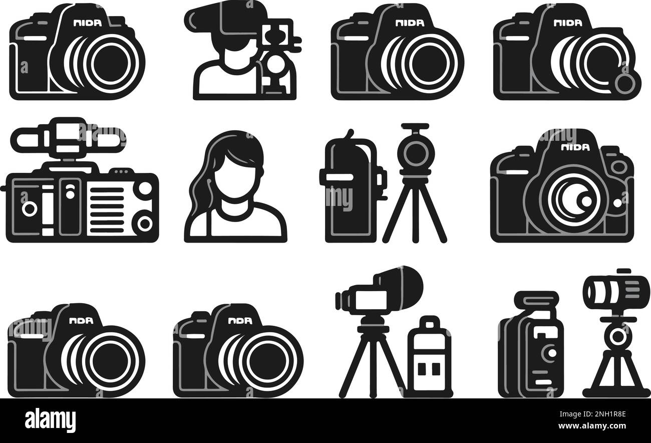 Set di fotocamere in bianco e nero, pack icone obiettivi, pack icone set di fotocamere retro, pack icone fotografo vintage Illustrazione Vettoriale