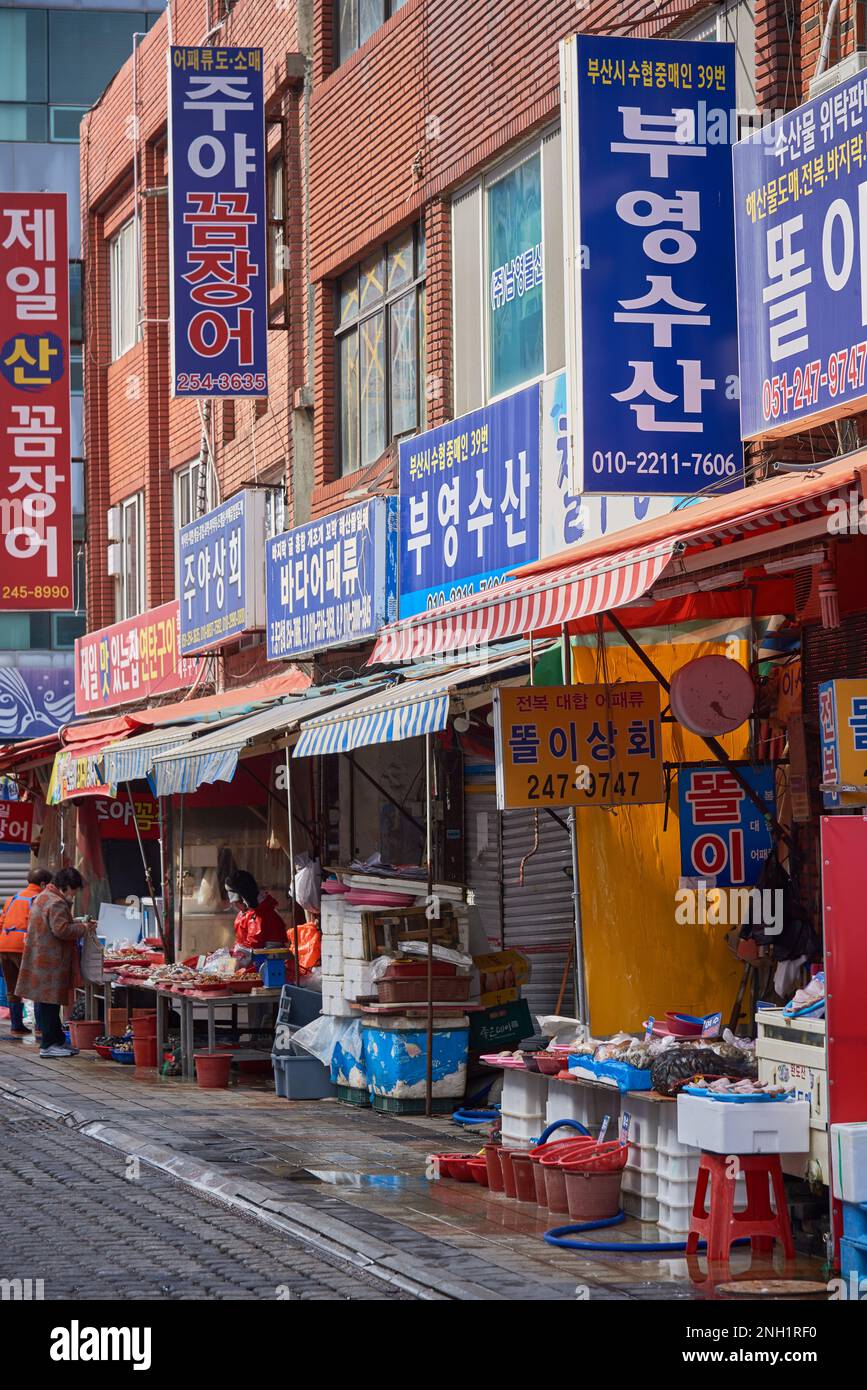 Il mercato del pesce di Jagalchi il più grande mercato del pesce di Busan, Corea del Sud, il 15 febbraio 2023 Foto Stock