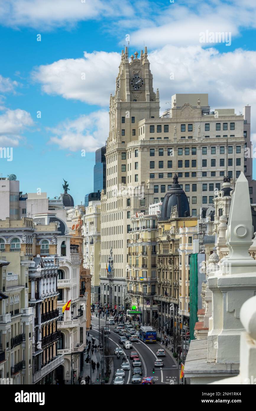 Veduta aerea del viale Gran Via a Madrid, Spagna Foto Stock