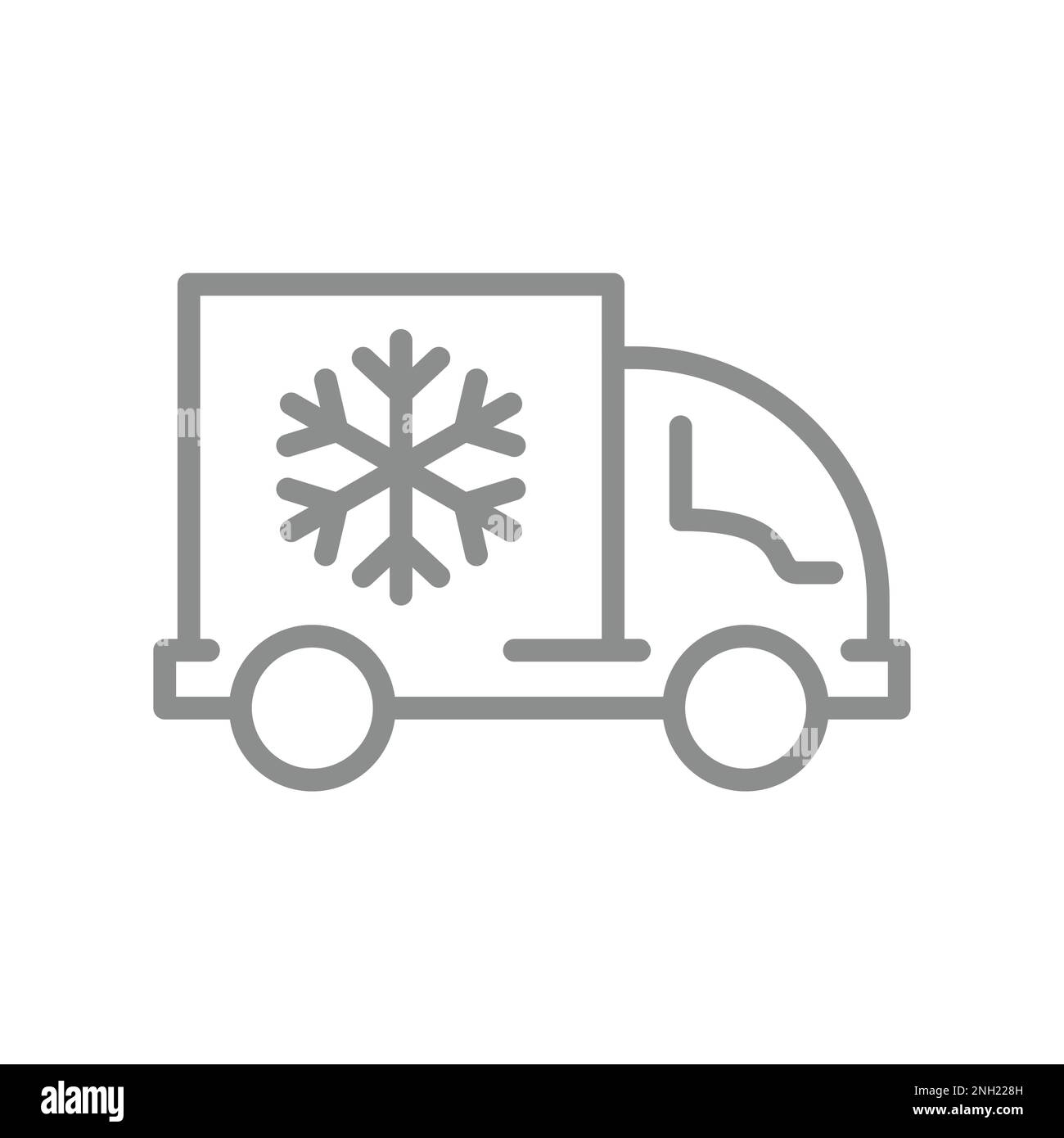 Alimenti congelati, icona linea camion frigorifero. Vettore di trasporto per spedizioni di ghiaccio e congelatori. Illustrazione Vettoriale