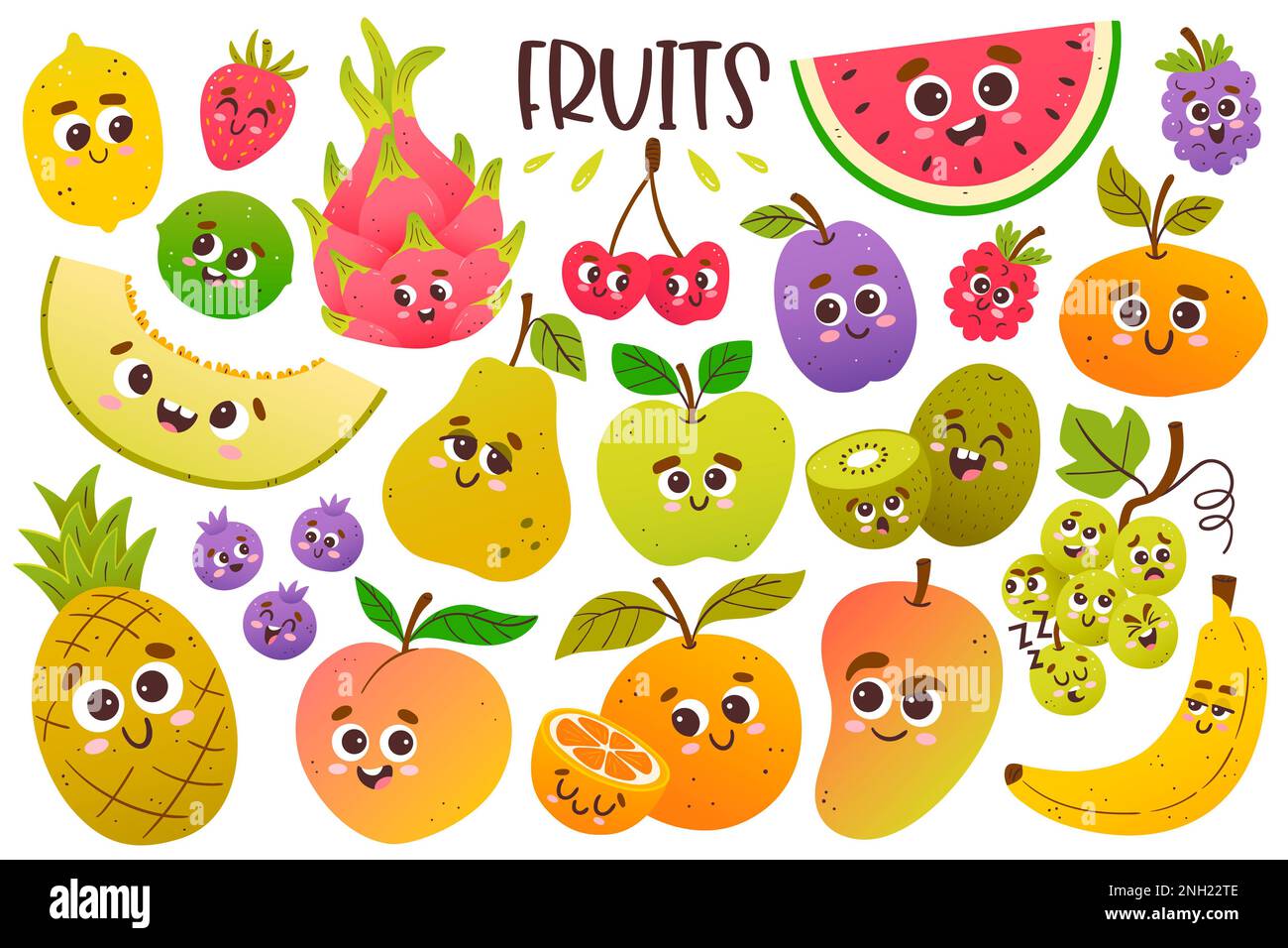 Raccolta di frutta carina con facce di cartone animato. Clipart colorate isolate. Illustrazione a colori. Foto Stock