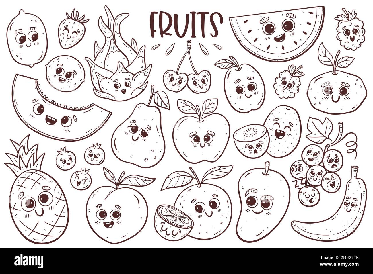 Raccolta di frutta carina con facce di cartone animato. Clipart di doodle isolate. Pagina di illustrazione della colorazione. Foto Stock