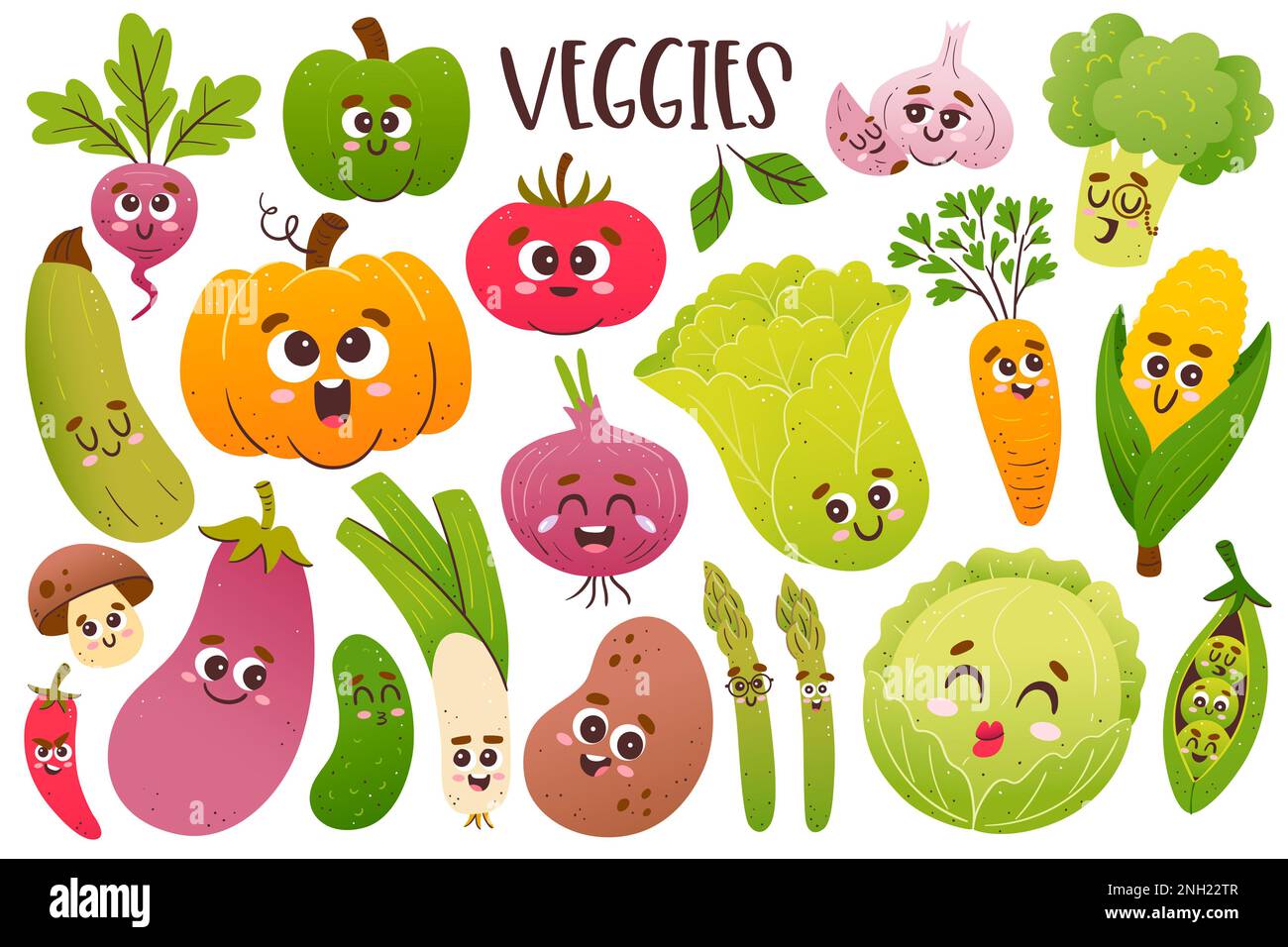 Collezione di verdure carine con facce di cartoni animati. Clipart colorate isolate. Illustrazione dello sfondo. Foto Stock