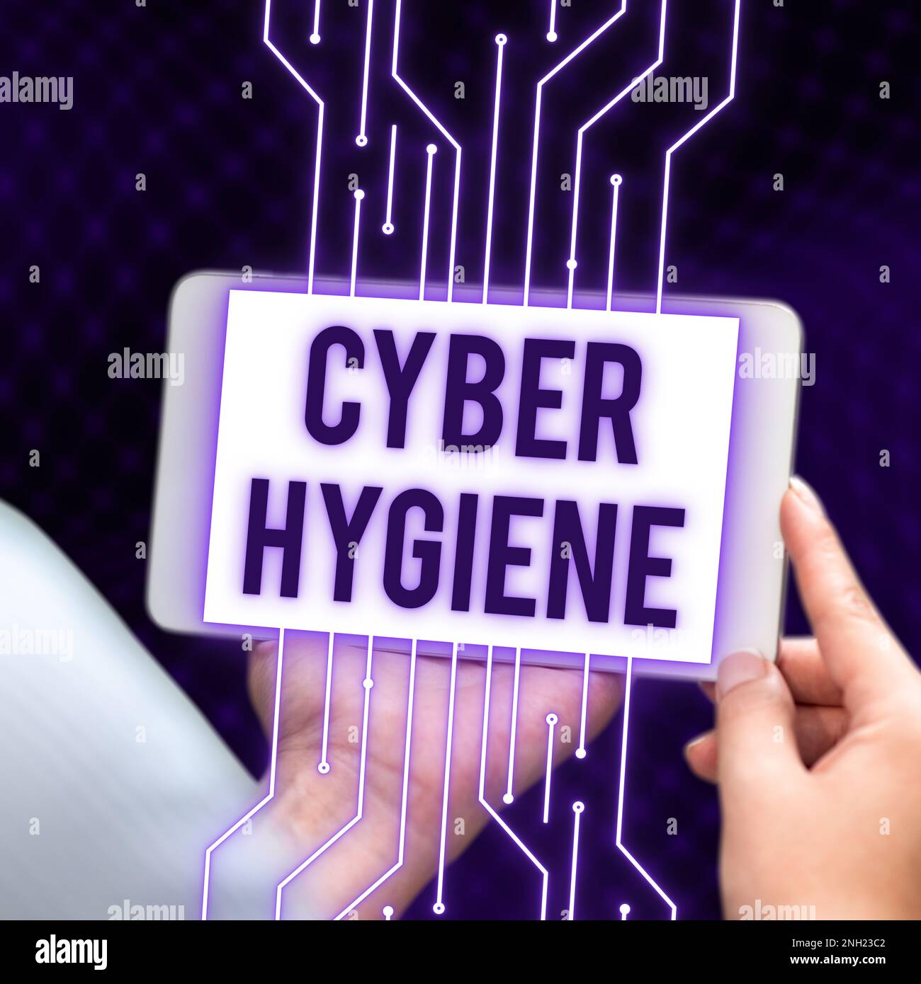 Cartello con scritta Cyber Hygiene. Parola per le misure che gli utenti del calcolatore prendono per migliorare la loro sicurezza cibernetica Foto Stock