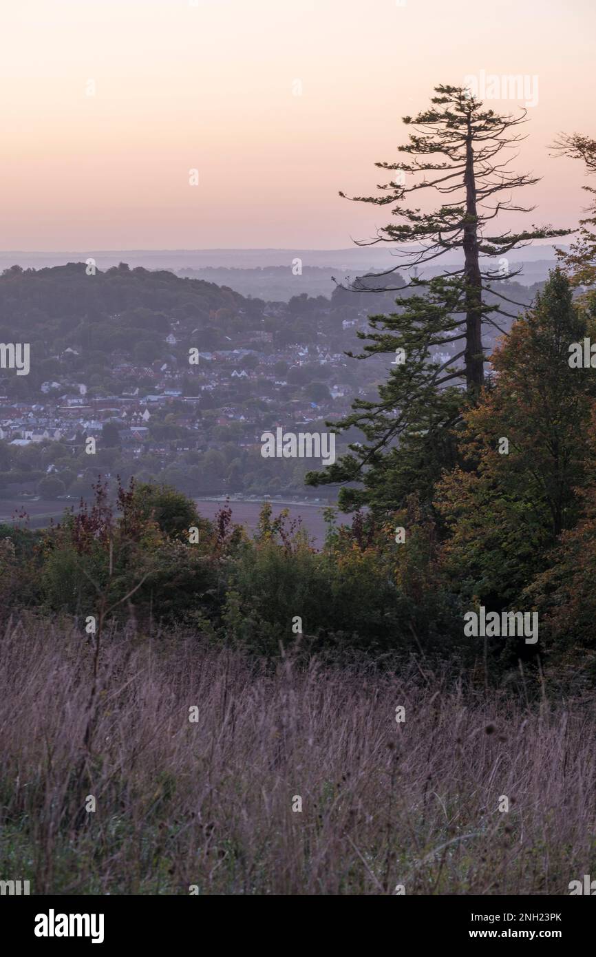 Vista elevata della città inglese di Dorking all'alba dalle colline del Surrey Foto Stock