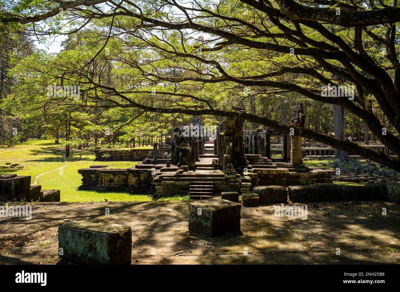 Un antico tempio in rovina accanto alla terrazza dell'Elefante all'interno del famoso complesso Angkor in Cambogia. Foto Stock