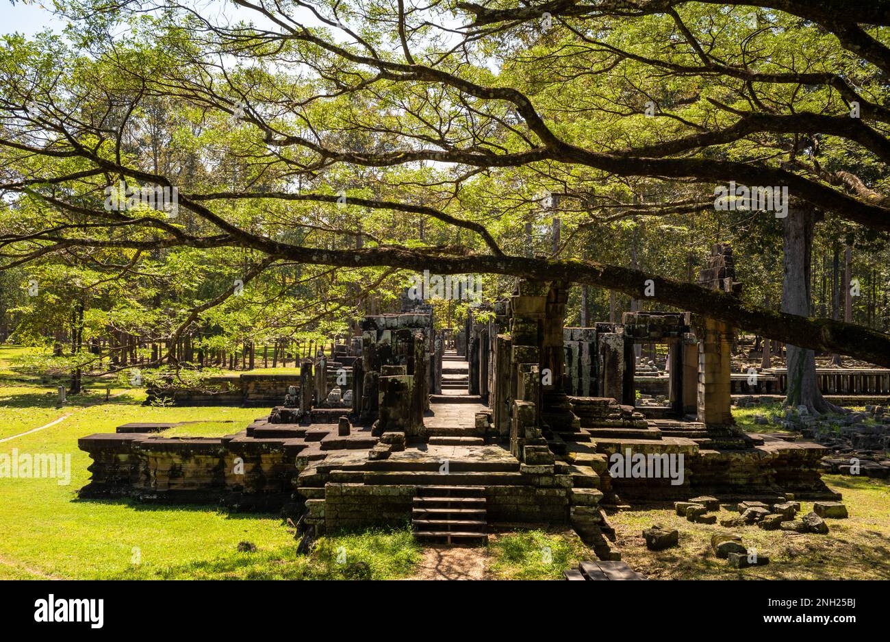 Un antico tempio in rovina accanto alla terrazza dell'Elefante all'interno del famoso complesso Angkor in Cambogia. Foto Stock